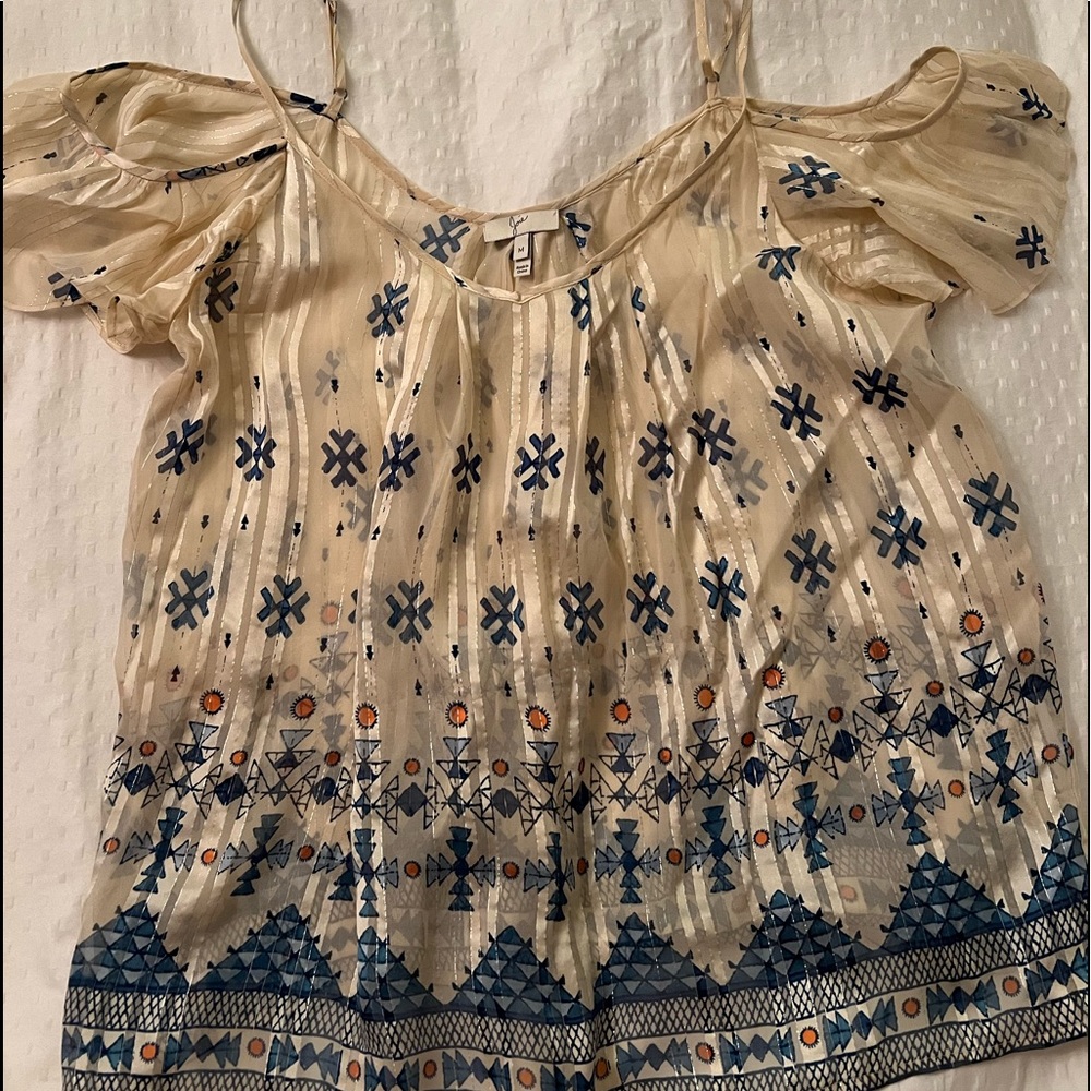 Joie silky blue and cream top with cut-out shoulders